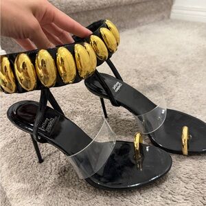 Jeffrey Campbell Black High Heel Sandals with Gold Accents